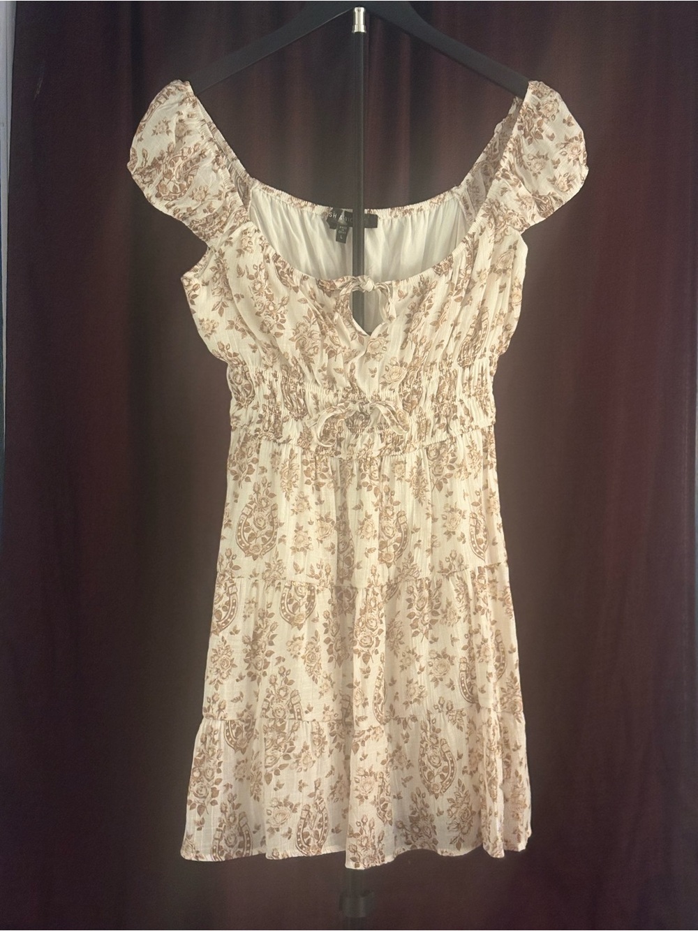 Floral Ivory Mini Dress with Brown Print and Smocked Waist